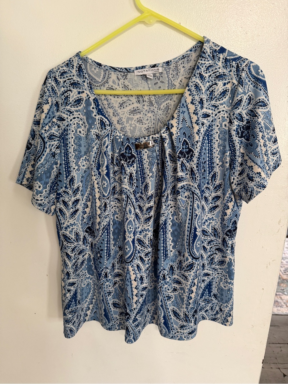 Notations Navy and Light Blue Paisley Short Sleeve Top